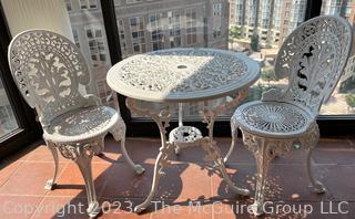 White Three (3) Piece Cast Metal Garden Bistro Set with Cast Table and 2 Chairs.