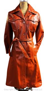 Retro 1970's Brown Pleather "Leather Look" Boot Length Trench Coat with Belt. Size 14