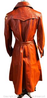 Retro 1970's Brown Pleather "Leather Look" Boot Length Trench Coat with Belt. Size 14