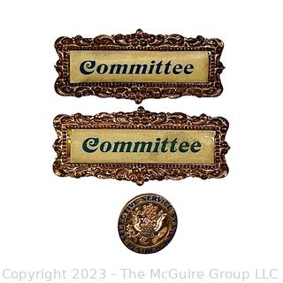 Two (2) Ornate Committee Name Badge Pin Frame and One Selective Service System Retired Lapel Pin 