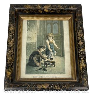 Framed Under Glass Color Lithograph Titled "Getting Ready for School" by Paul Seignac. 11.5 x 13.5”