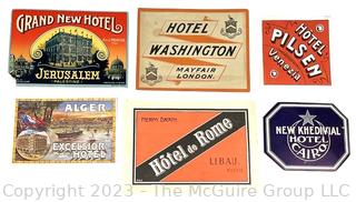 Six (6) Antique Circa 1915 International Travel Luggage Labels Including  Jerusalem, London, Alger, Rome, Cairo & Venice