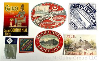 Six (6) Antique Circa 1915 International Travel Luggage Labels Including The Grand Continental Hotel Cairo, Barcelona, Athens & Constantinople and the Atlantic Hotel and Hotel De Luxembourg Nice 