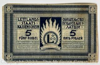 Selection of five (5) WWI era foreign banknotes including Estonia, Serbia and Latvia 