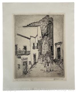 Engraved Street Scene Tasco Mexico Dated 1937 by Artist Herst Dillon Milhollen. Measures 6.5 x 8”