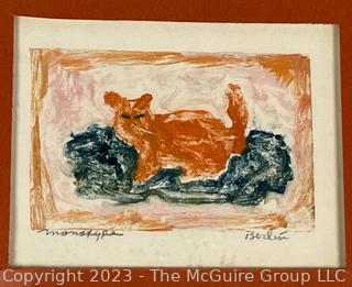 Unframed Monotype Print of Cat on a Blue Rug Signed by Artist Patricia Berlin, 1971.  8" x 10"