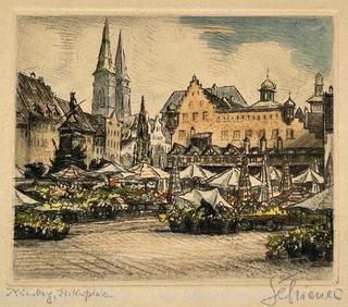 Unframed Colored Etching of the Market in Nuremberg Germany, Pre WWII. Signed by artist. 
