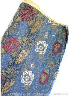 Japanese Blue Silk Brocade With Woven Flower Pattern Kimono Fabric Remnant. 26" x 78".