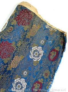 Japanese Blue Silk Brocade With Woven Flower Pattern Kimono Fabric Remnant. 26" x 78".