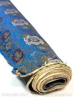 Japanese Blue Silk Brocade With Woven Flower Pattern Kimono Fabric Remnant. 26" x 78".