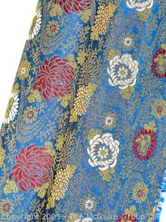 Japanese Blue Silk Brocade With Woven Flower Pattern Kimono Fabric Remnant. 26" x 78".