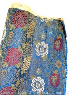 Japanese Blue Silk Brocade With Woven Flower Pattern Kimono Fabric Remnant. 26" x 78".