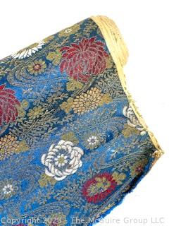 Japanese Blue Silk Brocade With Woven Flower Pattern Kimono Fabric Remnant. 26" x 78".