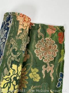 Two Panels of Japanese Green Silk Brocade with Woven Flower Pattern Kimono Fabric. Each measures 77” x 21” 