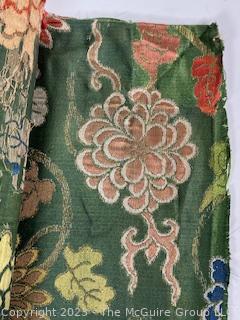 Two Panels of Japanese Green Silk Brocade with Woven Flower Pattern Kimono Fabric. Each measures 77” x 21” 