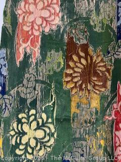 Two Panels of Japanese Green Silk Brocade with Woven Flower Pattern Kimono Fabric. Each measures 77” x 21” 