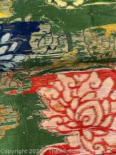 Two Panels of Japanese Green Silk Brocade with Woven Flower Pattern Kimono Fabric. Each measures 77” x 21” 