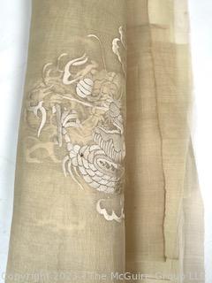 Sheer Japanese Beige Silk Dragon Embroidered Fabric Remnants. 