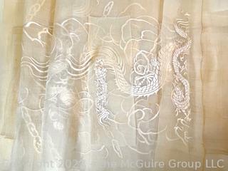 Sheer Japanese Beige Silk Dragon Embroidered Fabric Remnants. 