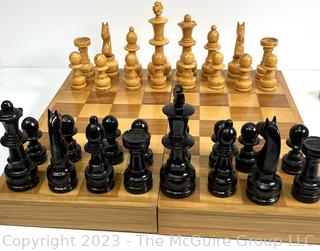 Chess Set with Wooden Inlaid Board Box and Carved Wood Pieces