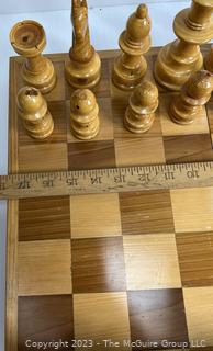 Chess Set with Wooden Inlaid Board Box and Carved Wood Pieces