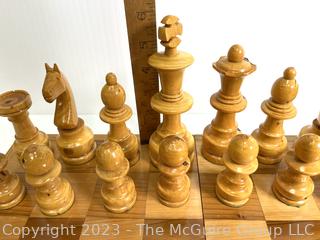 Chess Set with Wooden Inlaid Board Box and Carved Wood Pieces