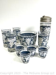 Hazel Atlas Grapevine Barware Set with Ice Bucket and Cocktail Shaker in Wedgewood Blue