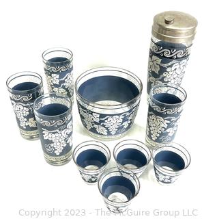 Hazel Atlas Grapevine Barware Set with Ice Bucket and Cocktail Shaker in Wedgewood Blue