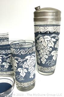 Hazel Atlas Grapevine Barware Set with Ice Bucket and Cocktail Shaker in Wedgewood Blue