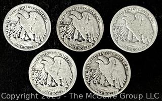 Five (5) Walking Liberty Half Dollar Silver Coin: 1919 1920 1921S 1935 1940