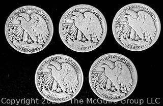 Five (5) Walking Liberty Half Dollar Silver Coins. 1917 1917 1918D 1918 1934S