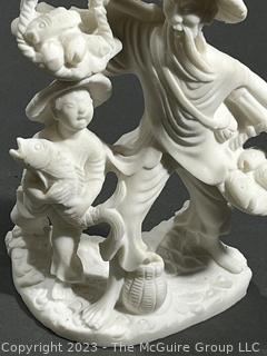 Chinese Fisherman and Boy with Fish Baskets Sculpture Figurine. 9" Tall