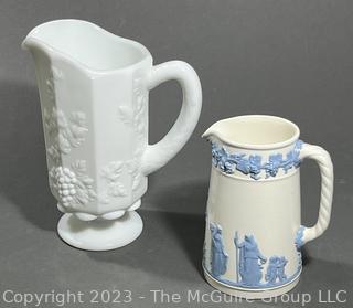 Two (2) Pitchers including Milk Glass and Wedgwood of Etruria & Barlaston Embossed Queensware