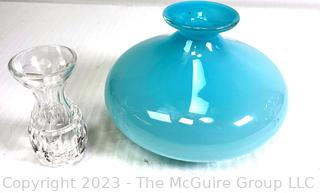 Handblown Turquoise Glass Vase and Waterford Crystal Vase