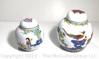 Two (2) Hand Painted Chinese Porcelain Ginger Jars with Lids. Taller Jar is around 5" 