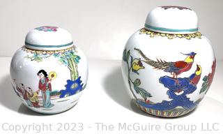 Two (2) Hand Painted Chinese Porcelain Ginger Jars with Lids. Taller Jar is around 5" 