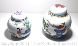 Two (2) Hand Painted Chinese Porcelain Ginger Jars with Lids. Taller Jar is around 5" 