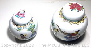 Two (2) Hand Painted Chinese Porcelain Ginger Jars with Lids. Taller Jar is around 5" 