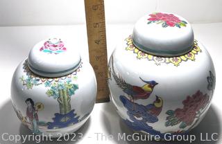 Two (2) Hand Painted Chinese Porcelain Ginger Jars with Lids. Taller Jar is around 5" 