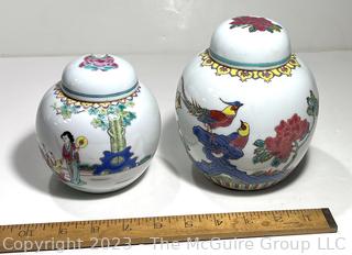 Two (2) Hand Painted Chinese Porcelain Ginger Jars with Lids. Taller Jar is around 5" 