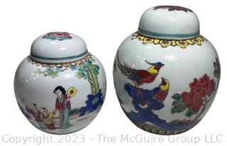 Two (2) Hand Painted Chinese Porcelain Ginger Jars with Lids. Taller Jar is around 5" 