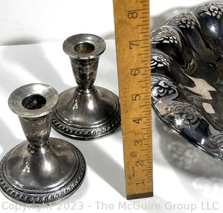 Silver Plate Pierced Serving Bowl and Two Sterling Silver Weighted Candlesticks. 