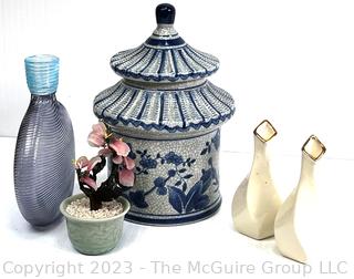 Group of Decorative Items Including Blown Glass Vase, Blue and White Porcelain Pagoda, Jade Plant and Bud Vases.  