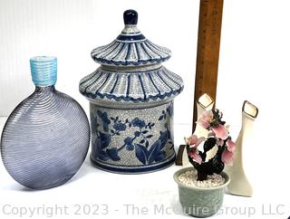 Group of Decorative Items Including Blown Glass Vase, Blue and White Porcelain Pagoda, Jade Plant and Bud Vases.  