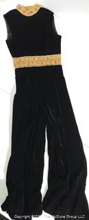 Vintage Velvet Palazzo Pant Suit Jumper with Gold Brocade Trim. 