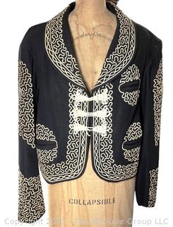 Vintage 1940s Black Wool Mexican Charro Bolero and Button Side Pants Embroidered with Ornate Soutache Design