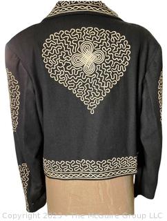 Vintage 1940s Black Wool Mexican Charro Bolero and Button Side Pants Embroidered with Ornate Soutache Design