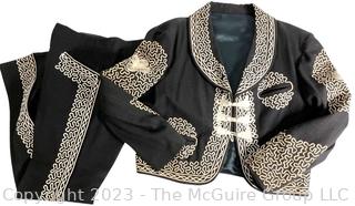 Vintage 1940s Black Wool Mexican Charro Bolero and Button Side Pants Embroidered with Ornate Soutache Design