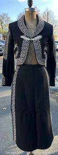 Vintage 1940s Black Wool Mexican Charro Bolero and Skirt Embroidered with Ornate Soutache Design