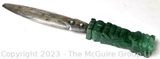 Sterling Silver Aztec Style Letter Opener with Green Agate Handle, Made in Mexico.